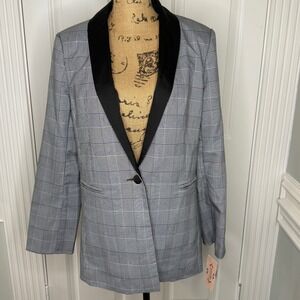 Nanette Lepore Women's Plaid Shawl Collar Blazer Jacket Black White Blue Size 10